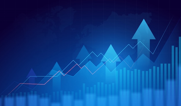 Grafico del grafico commerciale di commercio di investimento del mercato azionario sul fondo blu. punto rialzista, tendenza del grafico. sfondo