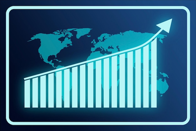 Business graph with growing rising arrow and world map on blue background