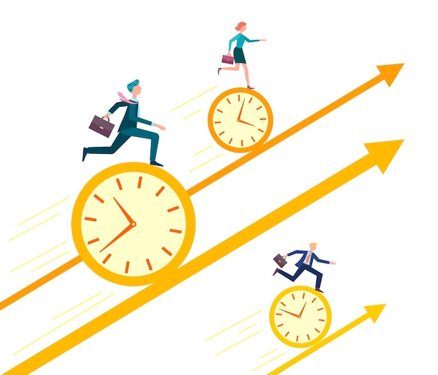 Business Group members team businessmen race up the rolling clock Vector illustration