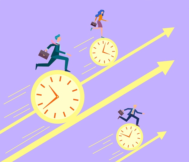 Business Group members team businessmen race up the rolling clock Vector illustration