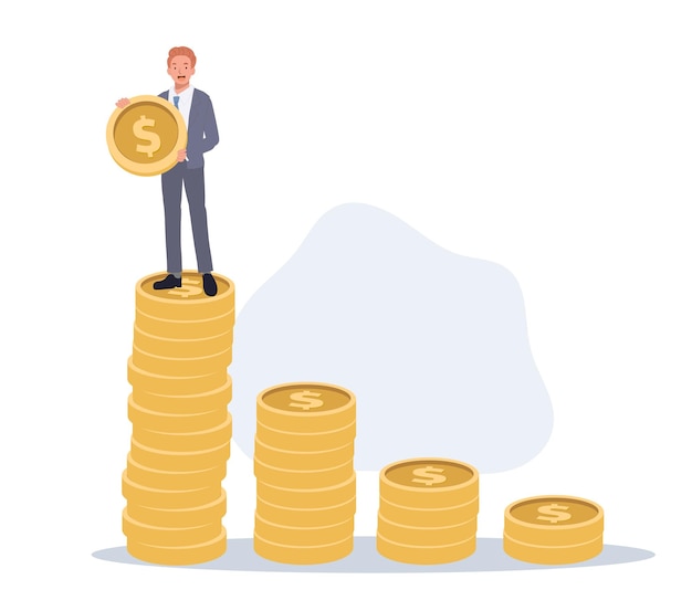 Business growth concept Businessman stand on the top of stack of growth money coins Vector illustration