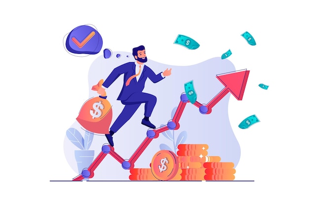 Business growth concept with people scene Businessman successfully develops company earning profit and increases sales performances Vector illustration with characters in flat design for web