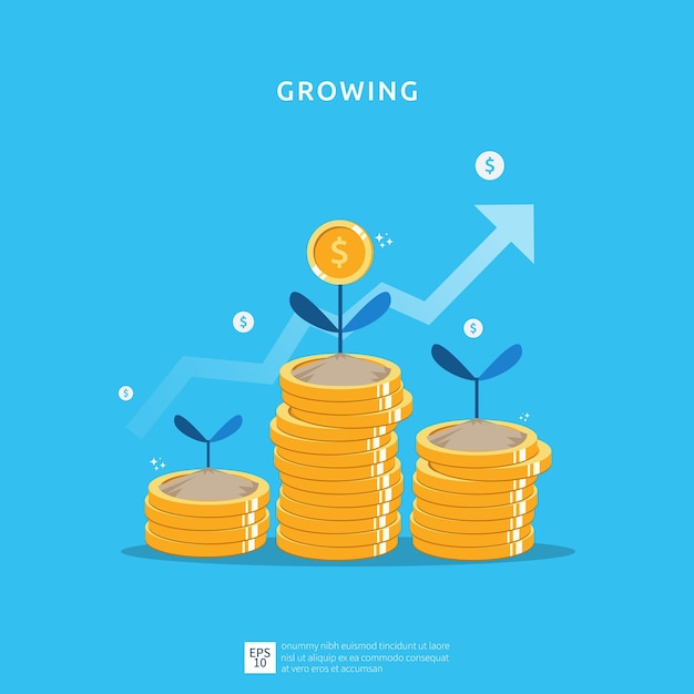 Illustrazione di crescita aziendale per il concetto di investimento intelligente. rendimento del profitto o reddito con monete simbolo di ritorno sull'investimento roi