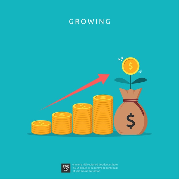 Illustrazione di crescita aziendale per il concetto di investimento intelligente. rendimento del profitto o reddito con monete simbolo di ritorno sull'investimento roi