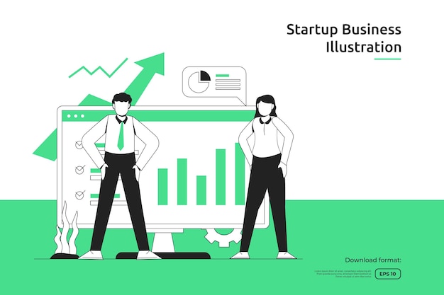 コンピュータ画面上の矢印グラフと人々のキャラクターのイラストでビジネスの成長の成功。スタートアップと投資ベンチャーのコンセプト。チームワークの比喩デザインのウェブランディングページまたはモバイルウェブサイト
