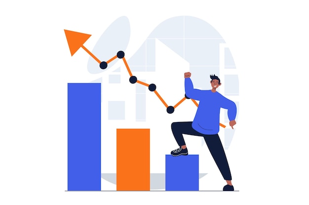 Business growth web concept with character scene man rejoices in growth of sales and increase in profits people situation in flat design vector illustration for social media marketing material