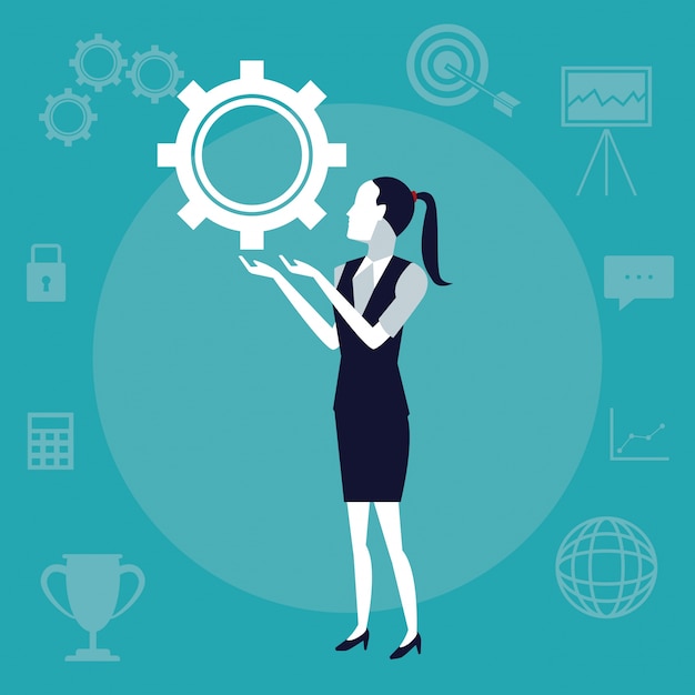  business growth with business woman holding a mechanism gear