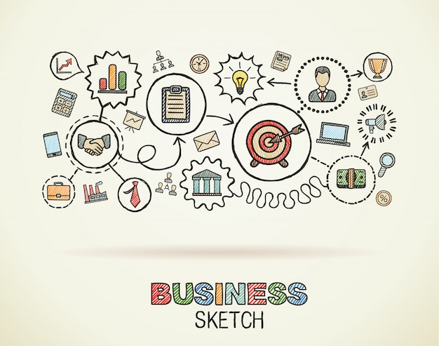 Business hand draw integrated icons set. colorful  sketch infographic illustration. connected doodle pictograms on paper, strategy, mission, service, analytics, marketing, interactive concepts
