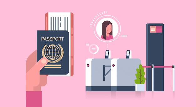 Business hand holding paspoort en tickets vliegtuig over controle in scanner bij luchthaven vrouw op registratie voor vertrek concept