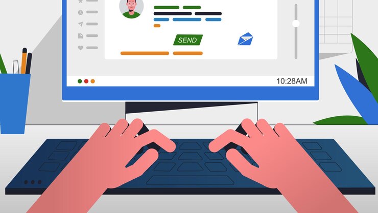 Vector business hands typing on a desktop keyboard with flat design