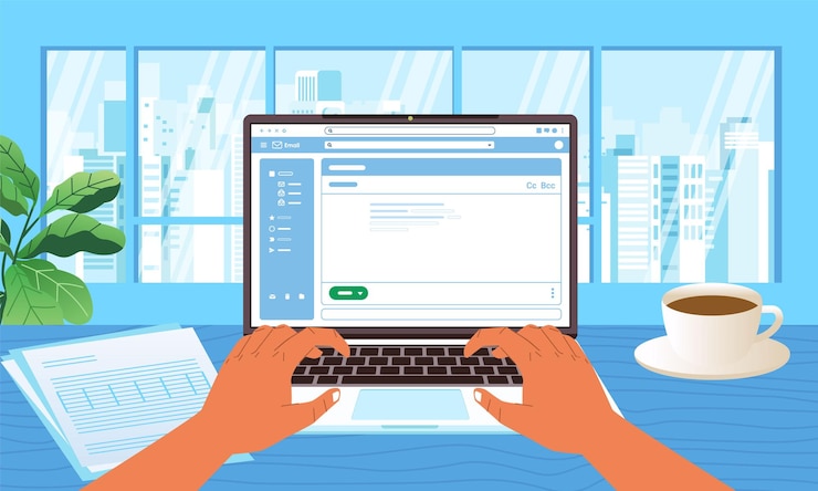 Vector business hands typing laptop keyboard browser on screen at office desk concept
