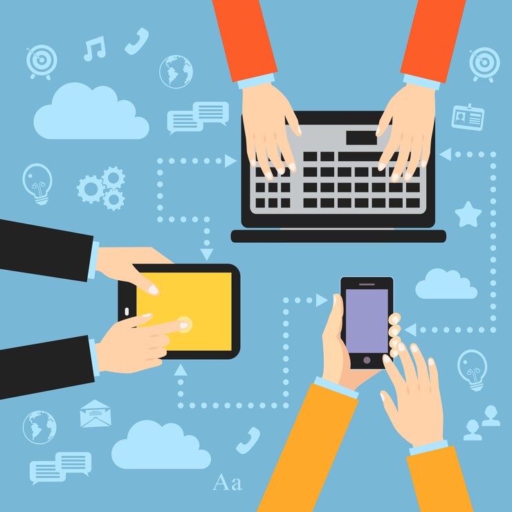 Vector business hands with gadgets