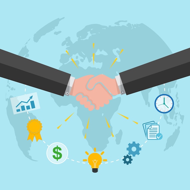 Business handshake on the background of a world map, with business icons. Vector illustration. The concept of a successful transaction.