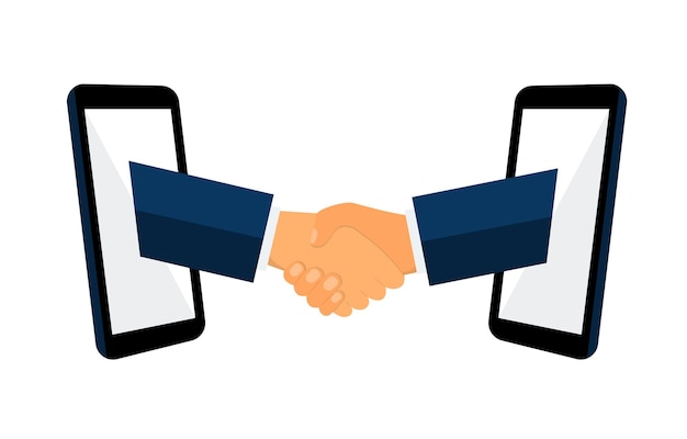 Business handshake vector illustration flat style Online Communication two business man handshake on mobile Businesspersons shaking hands through display of a phone Handshake and mobile phones