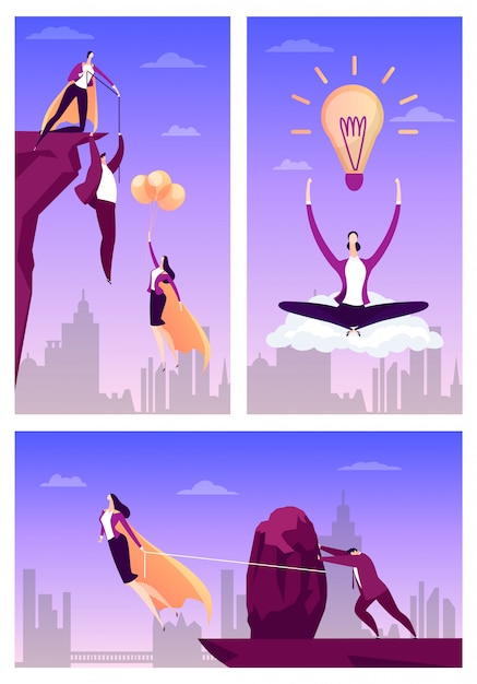 Vector business hero help people, illustration. businessman success concept, flat woman superhero fly for work achievement.