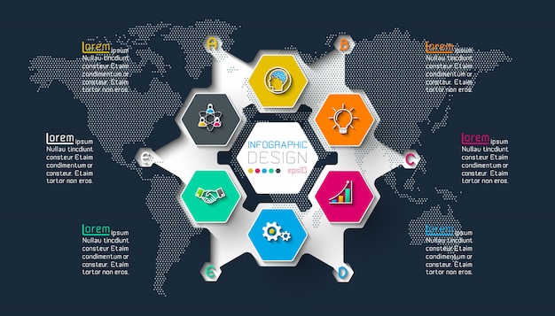 Business hexagon labels shape infographic on circle.