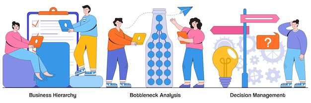 Business hierarchy, bottleneck analysis, decision management concept with tiny people. Management system vector illustration set. Workflow improvement, enterprise analysis software, IT tool metaphor.