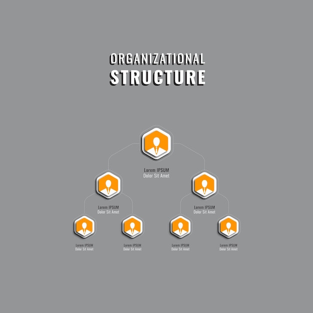 Business hierarchy of the company template with orange hexagonal elements on a grey background