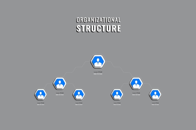 Вектор Бизнес-иерархия шаблона компании с синими шестиугольными элементами на сером фоне