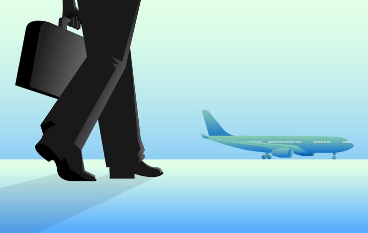 Vector business holiday concept of man carrying a suitcase walking to airplane
