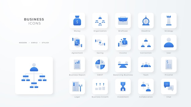 Collezione di icone aziendali con stile duotone blu sviluppo di database di valuta aziendale scopri documento e commerce illustrazione vettoriale