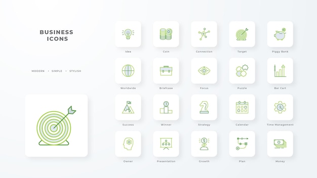 녹색 이중톤 스타일의 비즈니스 아이콘 모음 회사 통화 데이터베이스 개발 문서 전자 상거래 벡터 그림 발견