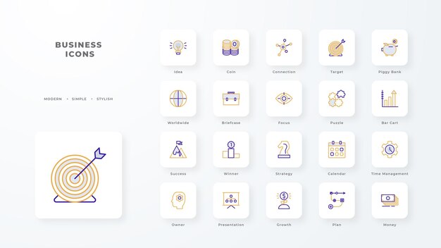 Business icon collection with purple and orange duotone style corporate currency database development discover document e commerce vector illustration