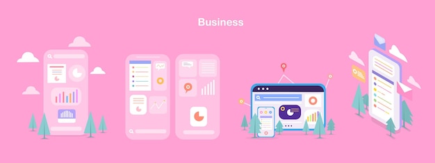 business icon with smartphone and computer set bundle vector