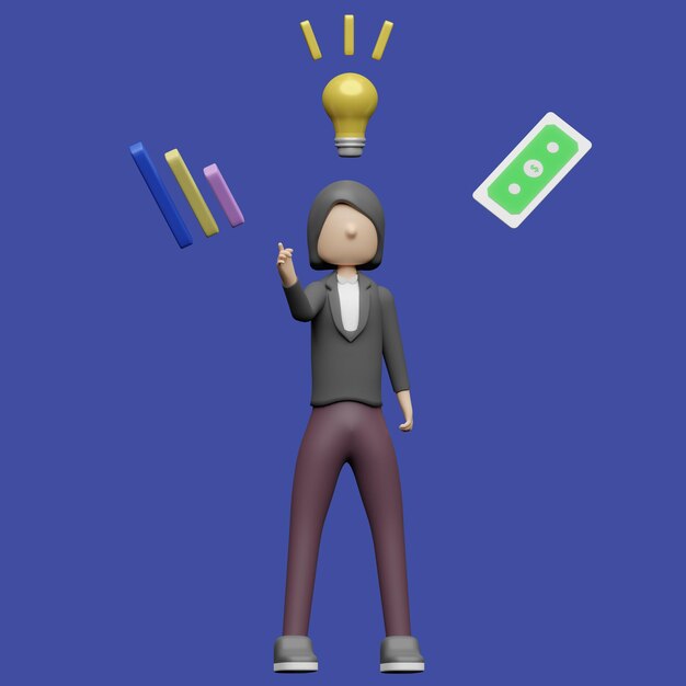 Business icons are floating above head concept Realistic 3d object cartoon style