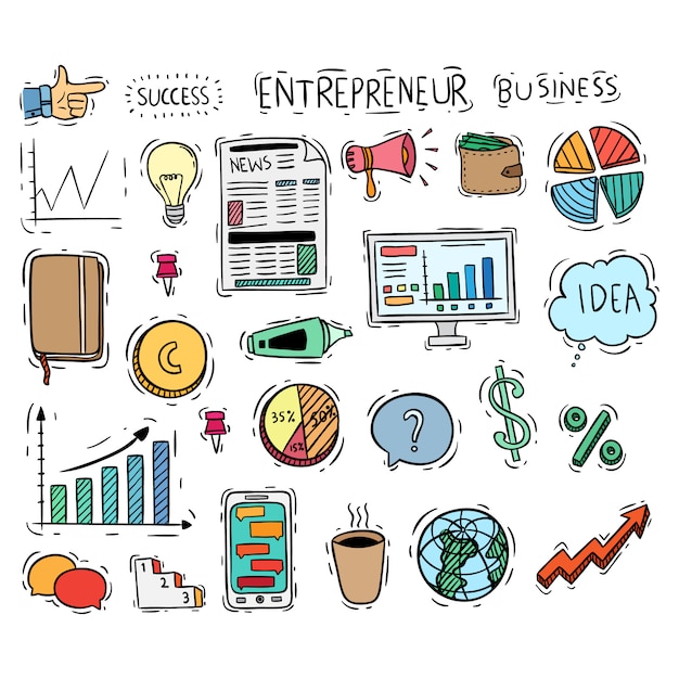 Vector business icons or elements collection with colored doodle style