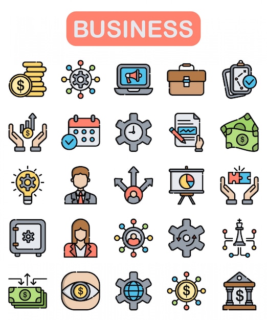 Business icons set, lineal color style