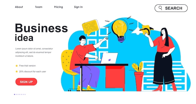 Vector business idea concept for landing page template team brainstorming and find creative solution teamwork and cooperation people scene vector illustration with flat character design for web banner