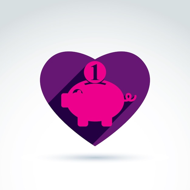 Business idea discussion concept, economics and investment theme. Vector heart with pink piggybank sign, personal savings icon.