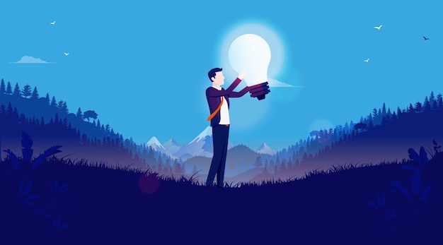 Vector business idea illustration of businessman holding light bulb in hands outdoors in landscape