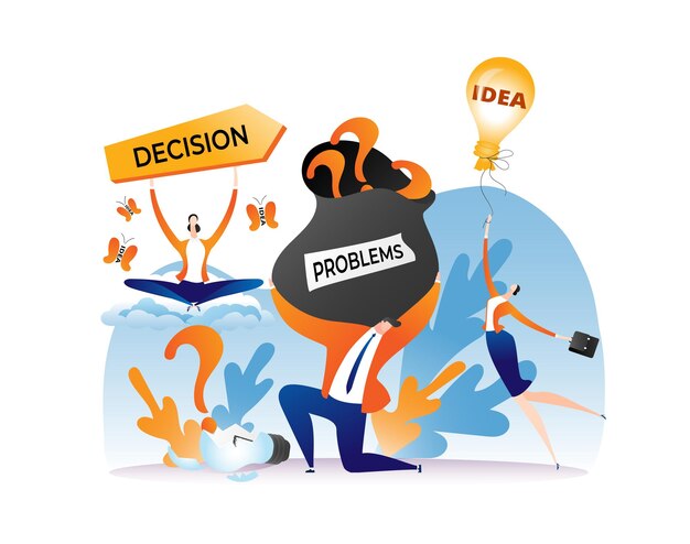 Бизнес-идея для концепции решения проблемы, векторная иллюстрация, персонаж человека имеет решение