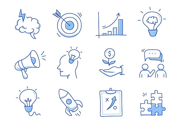 Business idea startup doodle line icon set Hand drawn doodle sketch line style business strategy