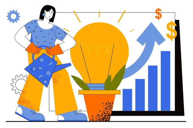 Business idea web concept. Businesswoman developing new project. Woman watering light bulb, metaphor of innovation and investment.  