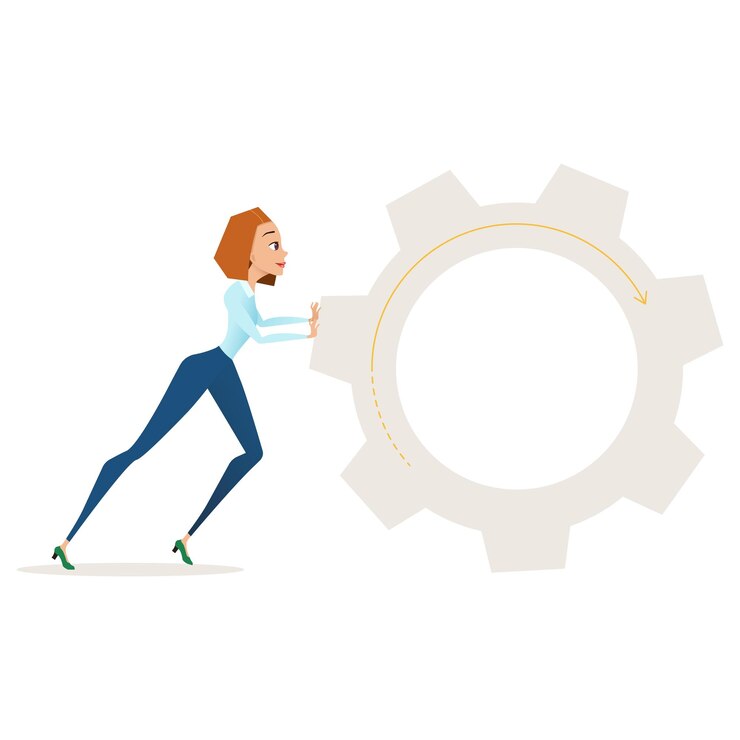 Vector business illustration concept. woman push the cogwheel