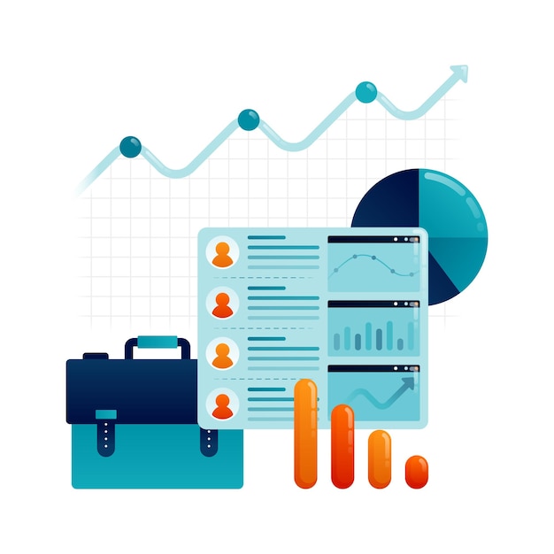 business illustration of employee performance reports in charts for hr and promotions in company