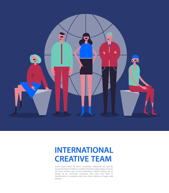 Business illustration, stylized characters. business illustration. men and women near the globe. international team, social net