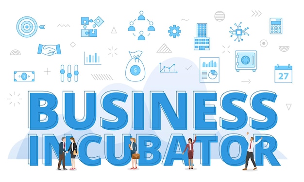 Business incubator concept with big words and people surrounded by related icon spreading with modern blue color style