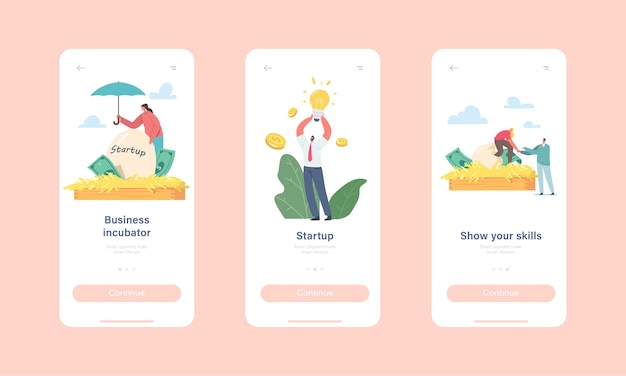 비즈니스 인큐베이터 시작 모바일 앱 페이지 온보드 화면 템플릿. 거대한 둥지, 발명 개념에서 프로젝트 에그를 시작하는 작은 기업인 캐릭터. 만화 사람들 벡터 일러스트 레이 션