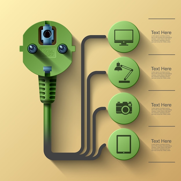 Vector business info graphics, electrical plug, square with information sectors under,  illustration