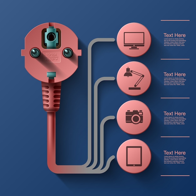 비즈니스 정보 그래픽, 전기 플러그, 정보 영역이있는 사각형, 일러스트레이션