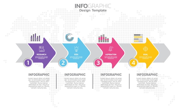 Business infographic 4 steps to success with research idea inspiration and goal