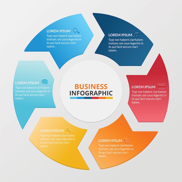 Business infographic of colorful circular banners with arrows 