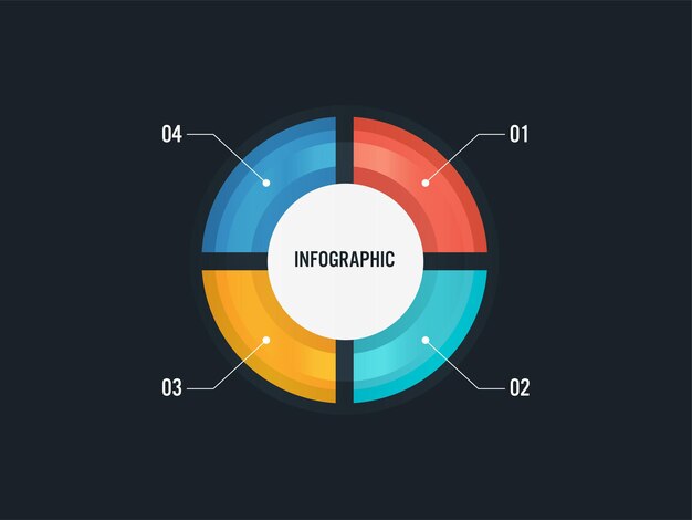 Infografica aziendale concetto con grafico a torta colorato e quattro opzioni su sfondo nero.