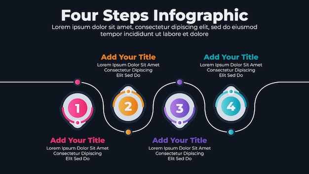 벡터 어두운 테마가 있는 비즈니스 인포그래픽 디자인 요소 및 순서도 단계