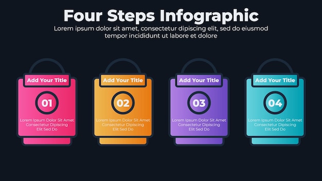 Vector business infographic design elements and flowchart steps with dark theme