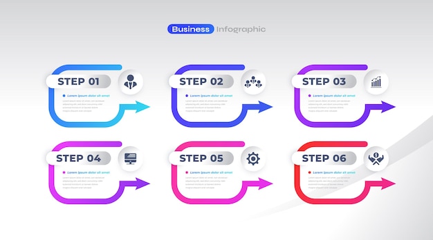 Вектор Шаблон дизайна бизнес-инфографики с 6 вариантами или шагами может использоваться для схемы макета рабочего процесса презентации или годового отчета